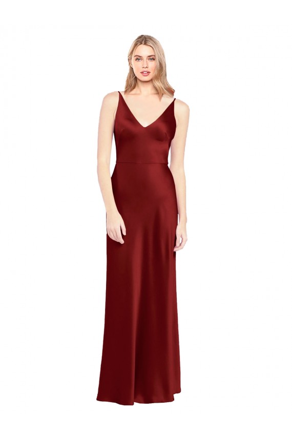 Bordeaux Trapèze Bretelles spaghetti Col V Satiné Stretch Longue Formelles Robes demoiselle d'honneur / Robes de soirée / Robes de bal en Ligne