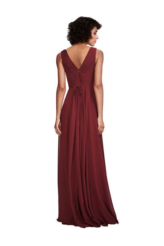 Bordeaux Trapèze Col V Mousseline Longue Robes demoiselle d'honneur en Ligne