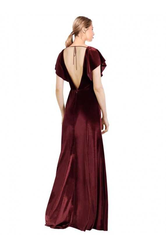 Bordeaux Trapèze Col V Velours Stretch Longue Robes demoiselle d'honneur / Robes de bal en Ligne
