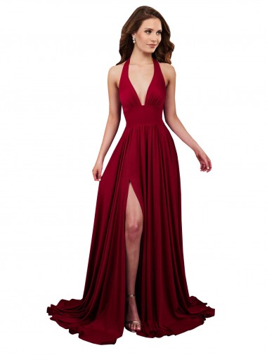 Bordeaux Trapèze Licou Col V Spandex Longue Formelles Robes demoiselle d'honneur / Robes de soirée / Robes de bal en Ligne