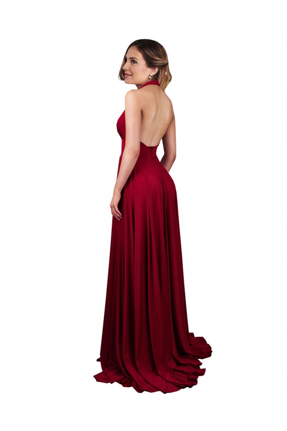 Bordeaux Trapèze Licou Col V Spandex Longue Formelles Robes demoiselle d'honneur / Robes de soirée / Robes de bal en Ligne