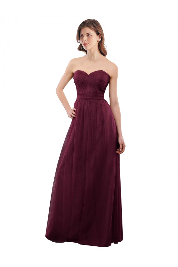 Bordeaux Trapèze Sans bretelle Tulle Longue Robes demoiselle d'honneur en Ligne