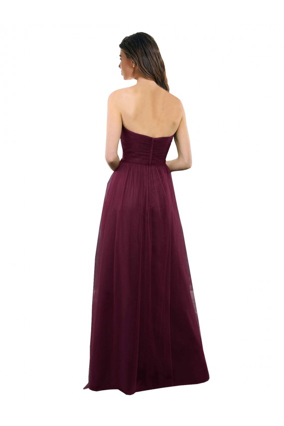Bordeaux Trapèze Sans bretelle Tulle Longue Robes demoiselle d'honneur en Ligne