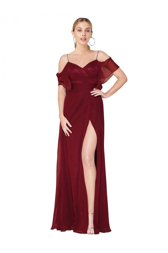 Bordeaux Trompette Épaule Dénudée Mousseline Longue Formelles Robes demoiselle d'honneur / Robes de soirée / Robes de bal en Ligne