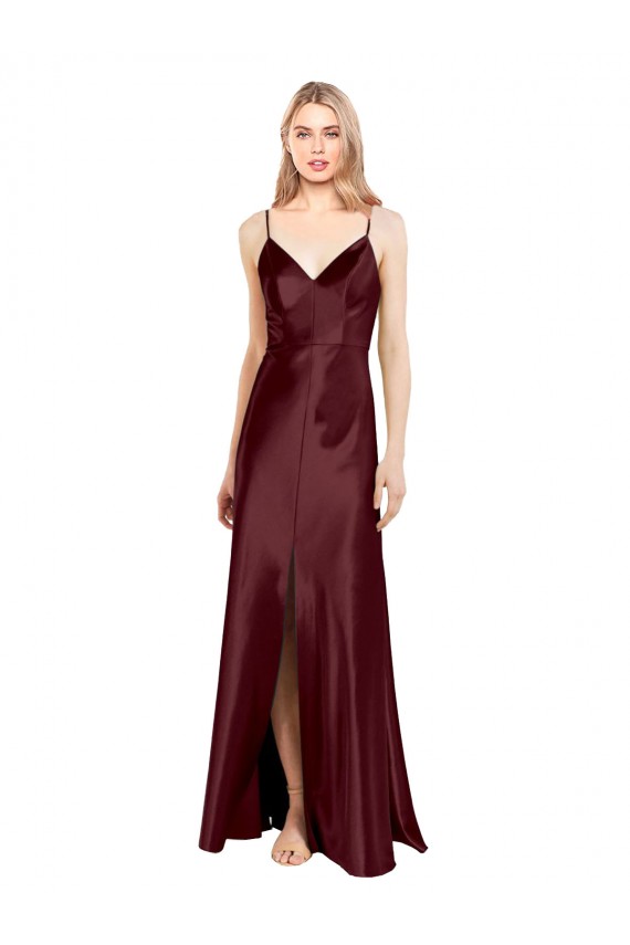 Bordeaux foncé Trapèze Bretelles spaghetti Col V Satiné Stretch Longue Formelles Robes demoiselle d'honneur / Robes de soirée / Robes de bal en Ligne