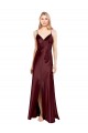 Bordeaux foncé Trapèze Bretelles spaghetti Col V Satiné Stretch Longue Formelles Robes demoiselle d'honneur / Robes de soirée / Robes de bal en Ligne