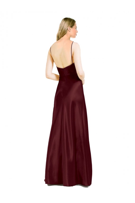 Bordeaux foncé Trapèze Bretelles spaghetti Col V Satiné Stretch Longue Formelles Robes demoiselle d'honneur / Robes de soirée / Robes de bal en Ligne