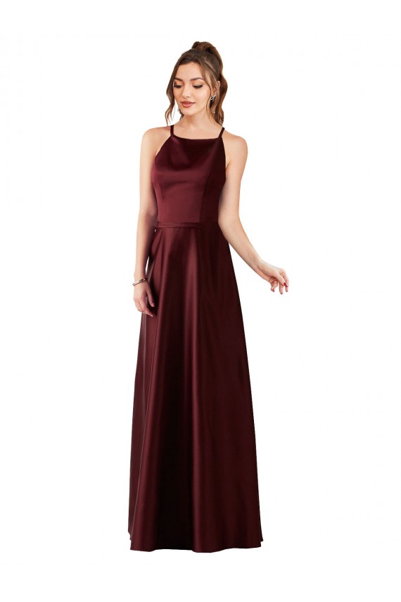 Bordeaux foncé Trapèze Licou Satiné Longue Robes demoiselle d'honneur / Robes de bal en Ligne