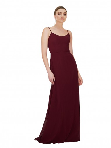 Bordeaux foncé Trapèze Scoop Mousseline Longue Robes demoiselle d'honneur en Ligne