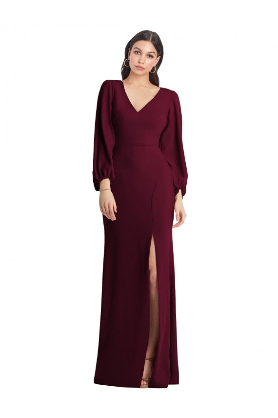 Bordeaux foncé Trompette Col V Crêpe Stretch Longue Robes demoiselle d'honneur / Robes de bal en Ligne