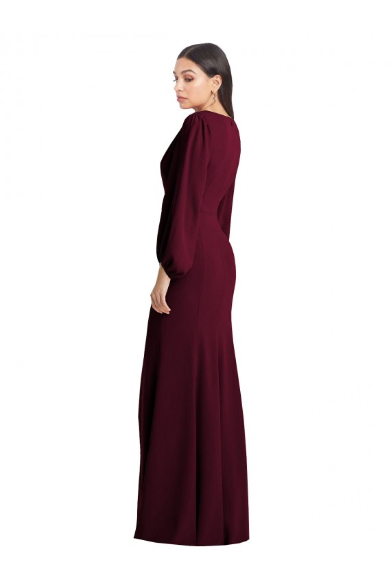 Bordeaux foncé Trompette Col V Crêpe Stretch Longue Robes demoiselle d'honneur / Robes de bal en Ligne