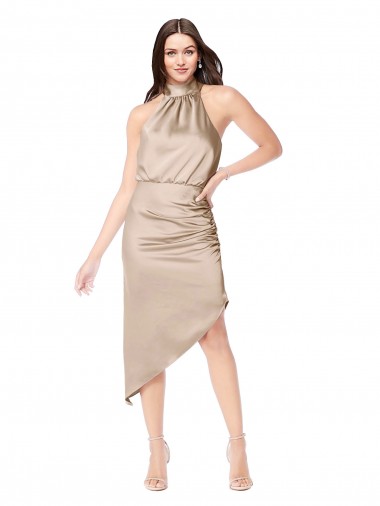 Champagne Rose Trapèze Licou midi Satiné Soyeux Courte Asymétrique Robes demoiselle d'honneur / Robes de bal / Robes de cocktail en Ligne