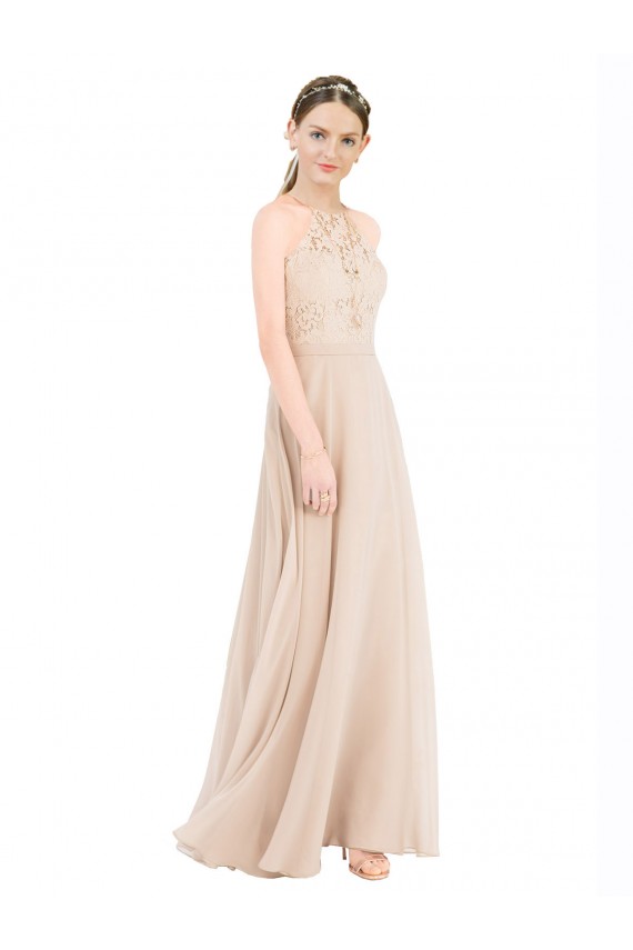 Champagne Trapèze Licou Col Haut Mousseline Dentelle Longue Robes demoiselle d'honneur / Robes de bal en Ligne