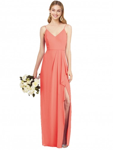 Corail Trompette Bretelles spaghetti Col V Mousseline Longue Robes demoiselle d'honneur en Ligne