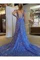 Couleur affichée Trapèze Col V Traîne moyenne Paillettes Velours Longue Robes de bal en Ligne