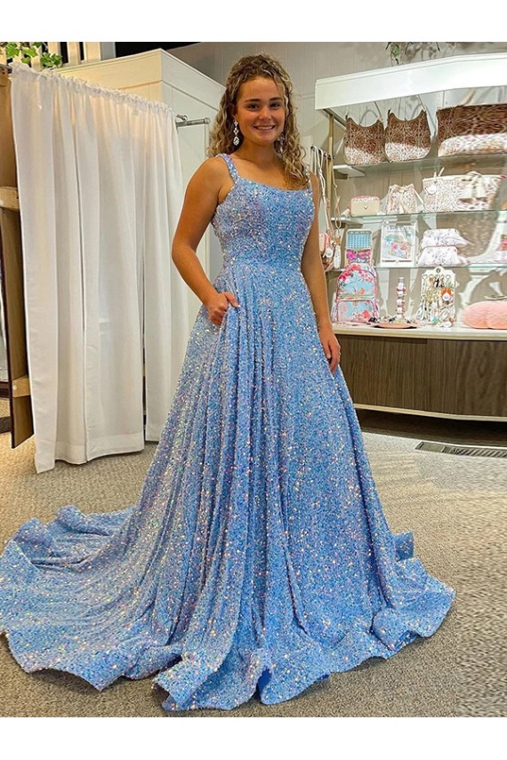 Couleur affichée Trapèze Scoop Traîne moyenne Paillettes Velours Longue Robes de bal en Ligne