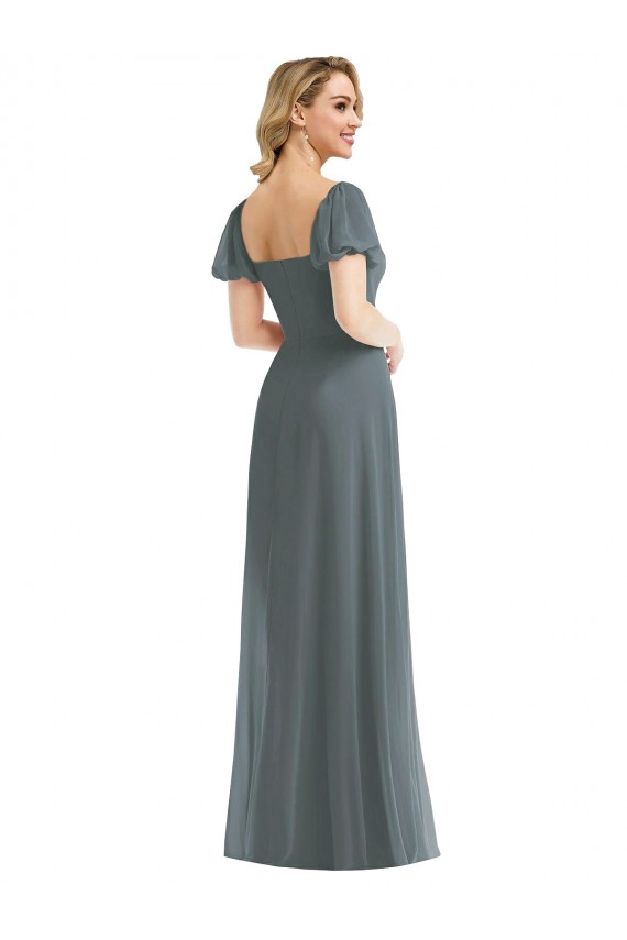 Gris ardoise Trapèze Col Carré Mousseline Longue Robes demoiselle d'honneur en Ligne