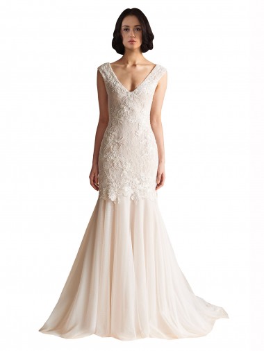 Ivoire & Champagne Sirène Col V Balayage train Tulle Robes de mariée en Ligne