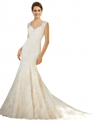 Ivoire & Champagne Sirène Col V Tulle Dentelle Robes de mariée en Ligne