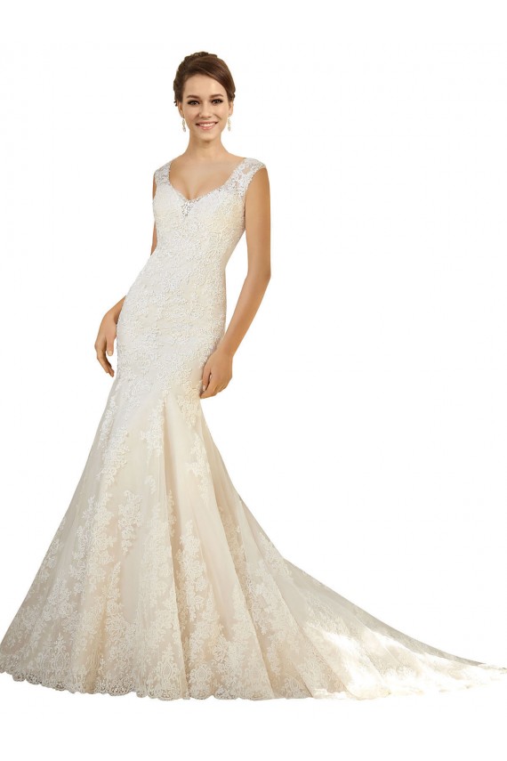 Ivoire & Champagne Sirène Col V Tulle Dentelle Robes de mariée en Ligne