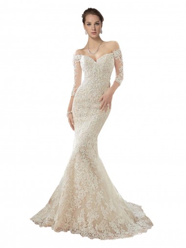 Ivoire & Champagne Sirène Épaule Dénudée Tulle Dentelle Robes de mariée en Ligne