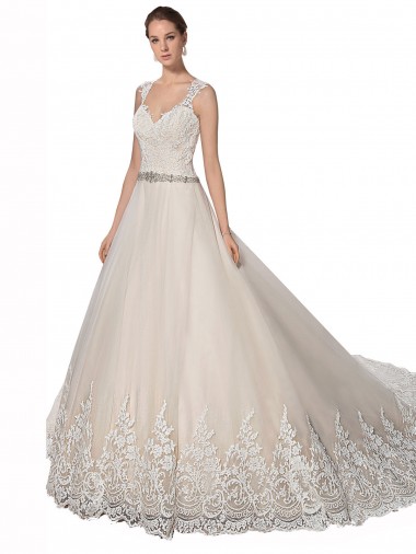 Ivoire & Champagne Trapèze Tulle Dentelle Robes de mariée en Ligne