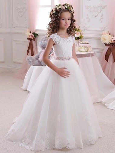 Ivoire Princesse Col Haut Tulle Dentelle Longue Robes de demoiselle d'honneur - fillette en Ligne