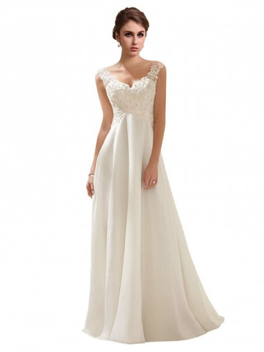 Ivoire Trapèze Col V Balayage train Mousseline Dentelle Robes de mariée en Ligne
