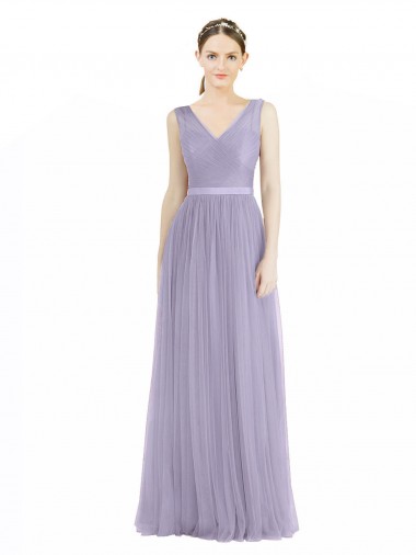 Lilas Trapèze Col V Tulle Longue Robes demoiselle d'honneur en Ligne