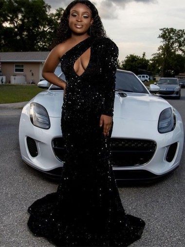 Noir Fourreau Balayage train Paillettes Velours Longue Robes de bal en Ligne