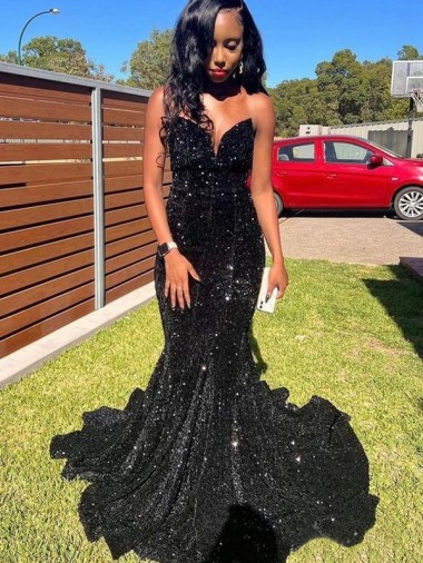 Noir Sirène Paillettes Velours Longue Robes de bal en Ligne