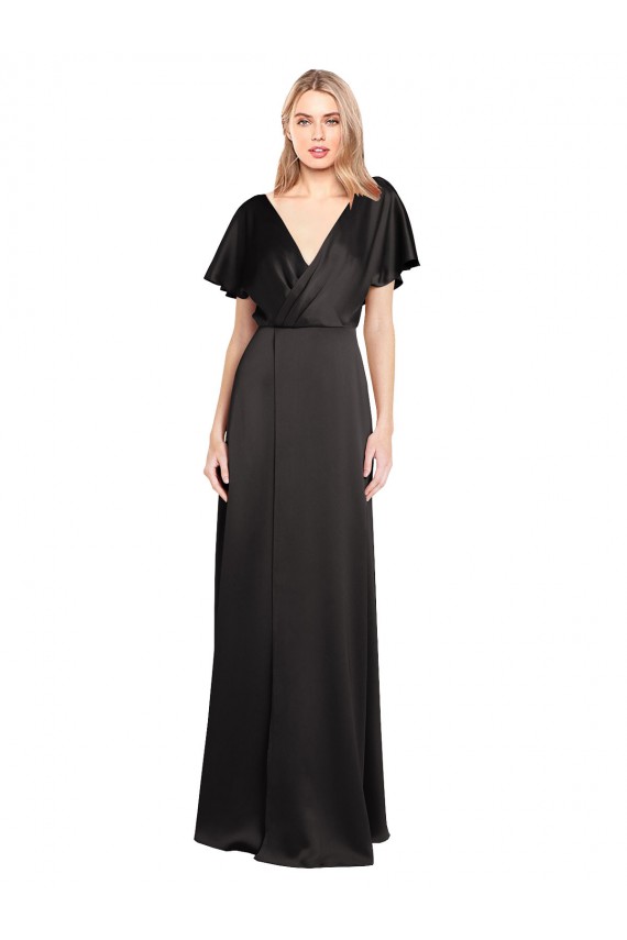 Noir Trapèze Col V Satiné Stretch Longue Formelles Robes demoiselle d'honneur / Robes de soirée / Robes de bal en Ligne