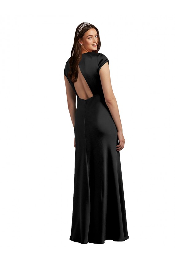 Noir Trapèze Col V Satiné Stretch Longue Formelles Robes demoiselle d'honneur / Robes de soirée / Robes de bal en Ligne