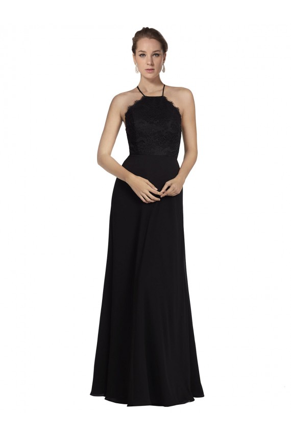 Noir Trapèze Licou Mousseline Dentelle Longue Robes demoiselle d'honneur en Ligne