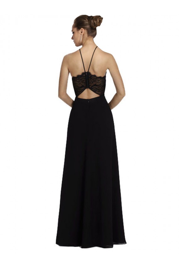 Noir Trapèze Licou Mousseline Dentelle Longue Robes demoiselle d'honneur en Ligne