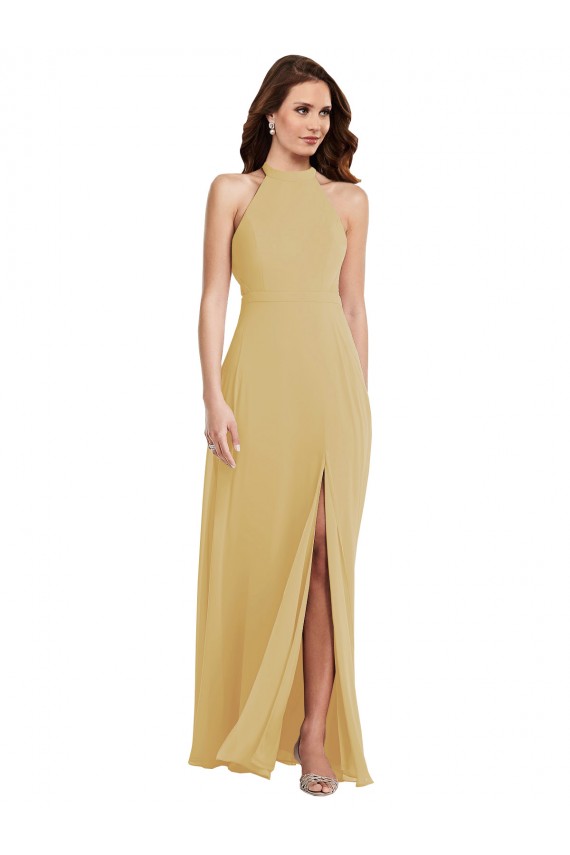 Or Trapèze Licou Mousseline Longue Robes demoiselle d'honneur en Ligne