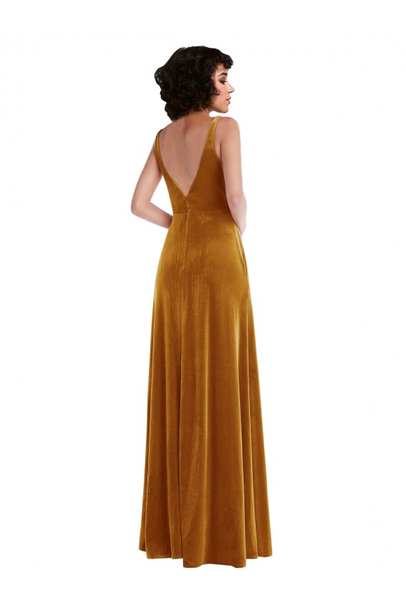 Or Trompette Col V Velours Stretch Longue Robes demoiselle d'honneur / Robes de bal en Ligne