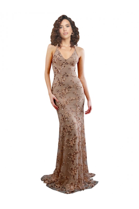 Or rose Sirène Col V Crêpe Stretch Paillette Tulle Longue Formelles Robes demoiselle d'honneur / Robes de soirée / Robes de bal en Ligne