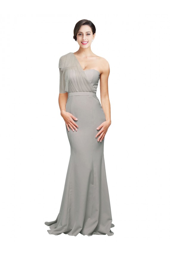 Oyster Argent Sirène Balayage train Crêpe Stretch Tulle Longue Formelles Robes demoiselle d'honneur / Robes de soirée / Robes de bal en Ligne