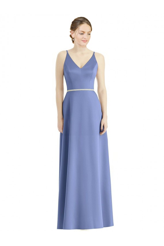 Periwinkle Trapèze Bretelles spaghetti Col V Satiné Longue Robes demoiselle d'honneur en Ligne