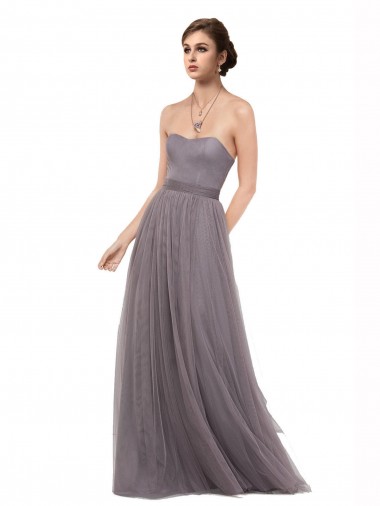 Pewter Trapèze Bretelles spaghetti Tulle Longue Robes demoiselle d'honneur en Ligne