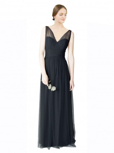 Pewter Trapèze Col V Tulle Longue Robes demoiselle d'honneur en Ligne