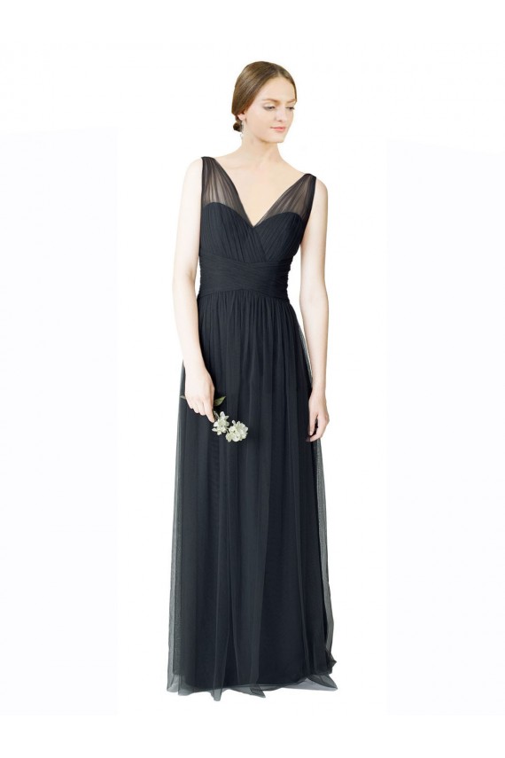 Pewter Trapèze Col V Tulle Longue Robes demoiselle d'honneur en Ligne