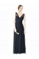 Pewter Trapèze Col V Tulle Longue Robes demoiselle d'honneur en Ligne