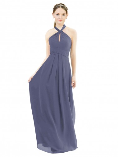 Pierre d'argent Trapèze Licou Mousseline Longue Robes demoiselle d'honneur en Ligne