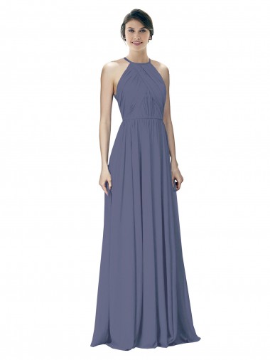 Pierre d'argent Trapèze Licou Mousseline Longue Robes demoiselle d'honneur en Ligne