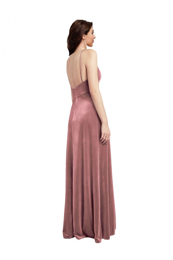 Rose Cannelle Trapèze Col V Velours Stretch Longue Formelles Robes demoiselle d'honneur / Robes de soirée / Robes de bal en Ligne