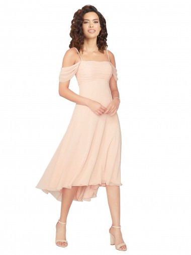 Rose Glacé Trapèze Col Carré midi Mousseline Courte Asymétrique Robes demoiselle d'honneur en Ligne