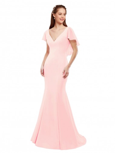 Rose Sirène Col V Mousseline Longue Robes demoiselle d'honneur en Ligne