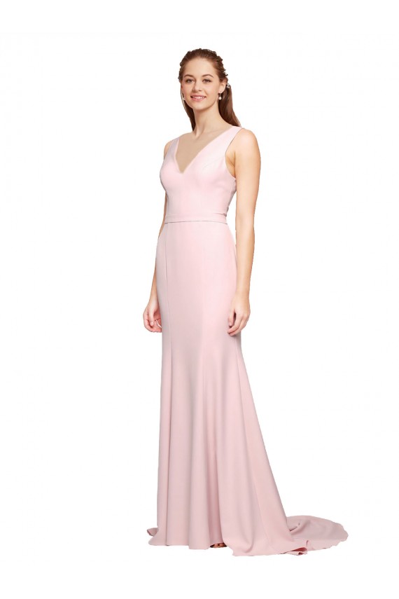 Rose Trapèze Col V Balayage train Crêpe Stretch Longue Robes demoiselle d'honneur / Robes de bal en Ligne